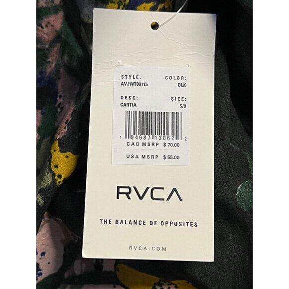 RVCA Black Women Top Blouse Small 8 Floral Sweetheart Cartia Long Sleeve New - Picture 8 of 10